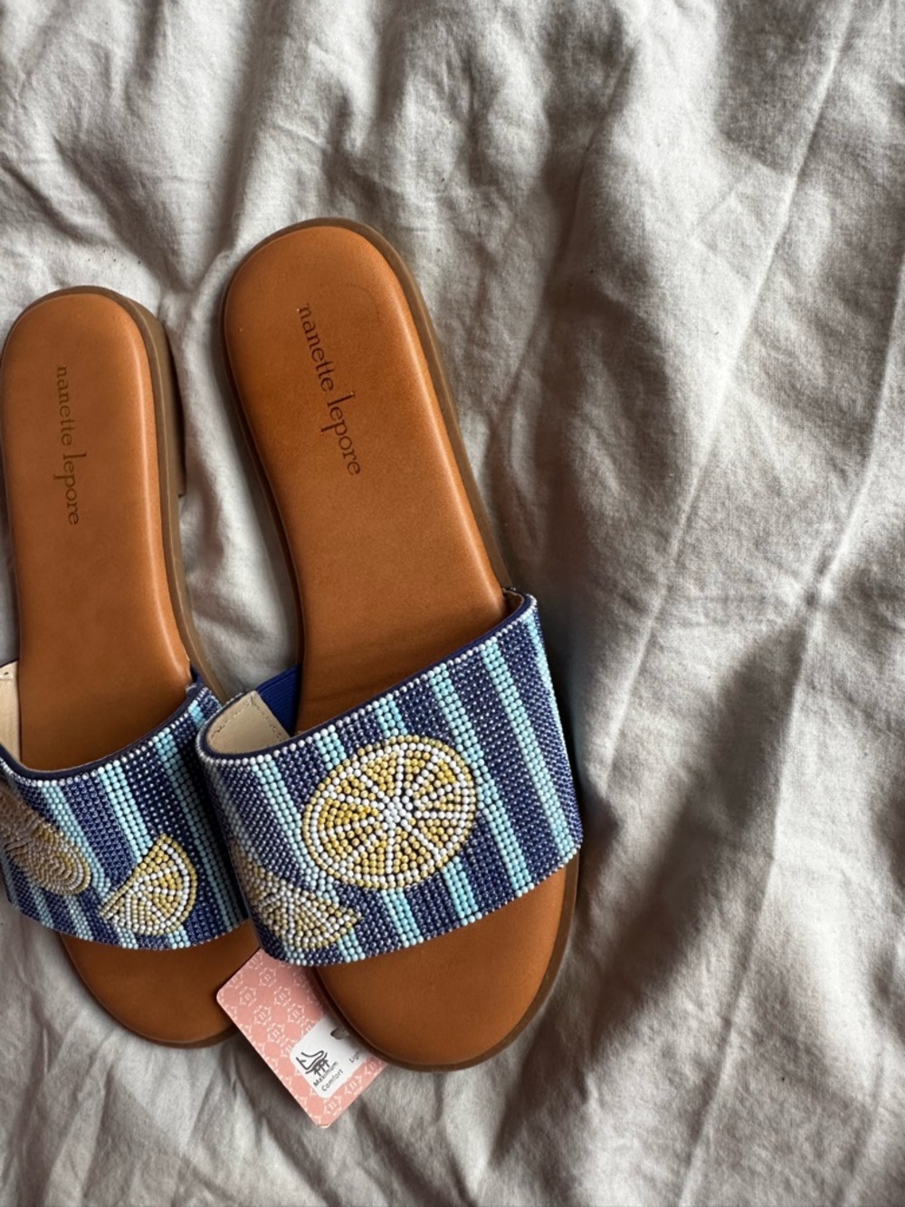 Nanette Lepore Beaded Lemon Slide Sandals Blue Stripe Size 9.5 - Picture 7 of 8